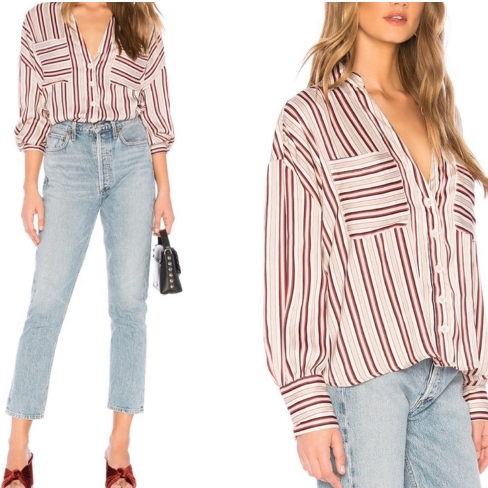Free People Mad About You Button Down Blouse Top in Ivory Stripe Sz. Small